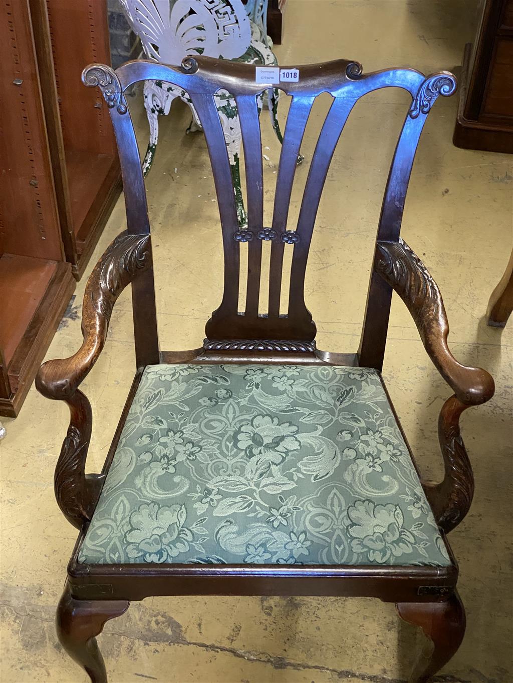 A George III mahogany elbow chair, width 74cm, depth 56cm, height 104cm